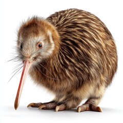 A close-up of a kiwi bird with brown, fluffy feathers and a long beak, standing on a white background.