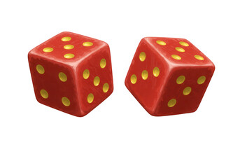 Two red dice with yellow dots isolated on transparent background, representing games of chance