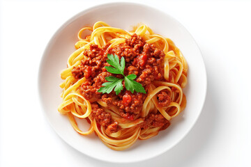 Bolognese spaghetti dish isolated on white background, Spaghetti with ground meat and red sauce.