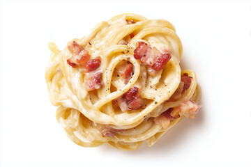 Carbonara spaghetti with crispy bacon and shredded parmesan cheese on top isolated on white background, Selective focus creamy spaghetti with white sauce.