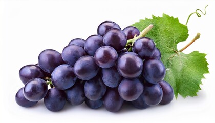 Fototapeta premium fresh juicy dark purple grape cluster with green leaf isolated on white background