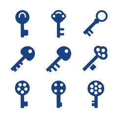 Collection of nine dark blue antique key icons keys vintage
