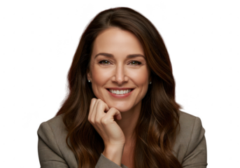 Smiling businesswoman with hand on chin isolated on transparent background