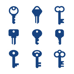 Collection of nine dark blue key icons keys