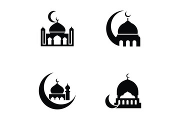 Elegant Minimalist Black and White Mosque Icons: Crescent Moon, Dome, Islamic Architecture Symbols for Ramadan, Eid, and Muslim Culture Designs; Perfect for Websites, Social Media, and Branding Projec