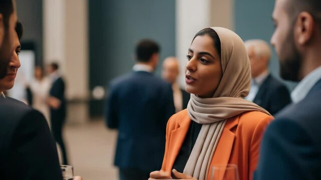 arab woman in a cream hijab and orange dress in a meeting with client in city