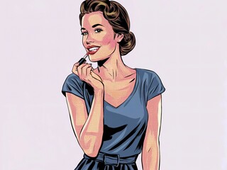 Cartoon Pop Art Woman Applying Lipstick with Happy Expression on Plain Background