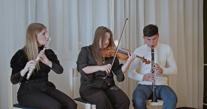 Three musicians play classical music on flute, violin and clarinet in their home. Calm and creative atmosphere.