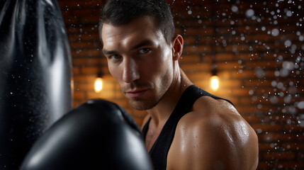 Man looking seriously at camera while practicing boxing with heavy bag. Dimly lit gym setting with brick walls creates an intense atmosphere. Concept of fitness, sports training, boxing gym