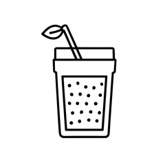 Line art illustration of a drink in a glass with a straw and a leaf garnish, isolated on white.