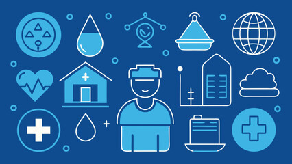 Medical and humanitarian icons with a healthcare worker symbolizing World Humanitarian Day on blue background