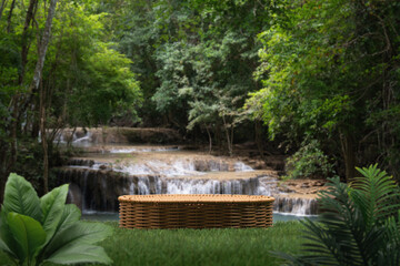 Wood podium stand in tropical forest nature background.natural product pedestal wooden modern stage...