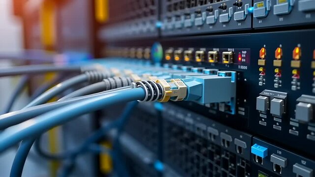 Data Center Server Racks with Connected Ethernet Cables for Network Communication