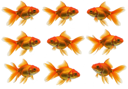 A pattern of nine goldfish swimming on an isolated white background