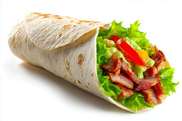 Braised pork and beef wrap with tortilla isolated on white background, Mixed vegetable and meat wrap on white, Tortilla sandwich with guacamole and fresh salad.