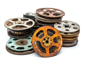Stack of vintage rusty film reels on white background.