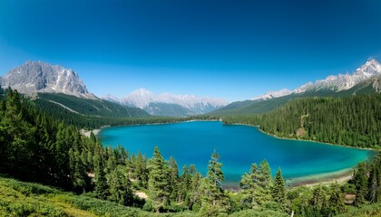 Obraz premium a serene landscape dominated by a large bright blue lake surrounded by verdant forests in the distance majestic mountains rise against a clear sky