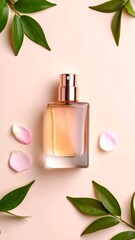 Luxury Perfume Bottle Mockup with Leaves on Nude Background