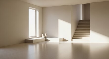 Bright Sunlit Empty Room With Staircase and Large Window