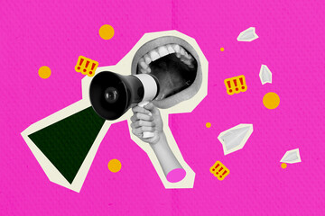 Template sketch trend artwork 3D collage of silhouette hand hold megaphone proclaim announce...