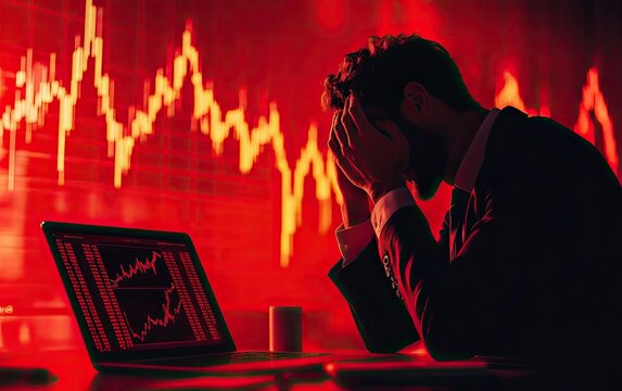 Stressed businessman sits at desk, hands on face, looking at laptop and stock market chart showing a downturn. - Powered by Adobe