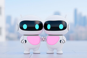 Two cute futuristic robots holding hands, representing artificial intelligence, robotics, friendship, technology, innovation, and modern design in a playful and creative concept