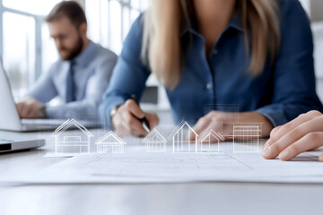 Architects or real estate professionals working on building designs with overlayed house sketches,symbolizing planning,innovation, and development,ideal for real estate or construction-related content