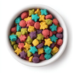 Colorful Star Shaped and Round Cereal in Bowl Top View Delicious and Nutritious Breakfast Food