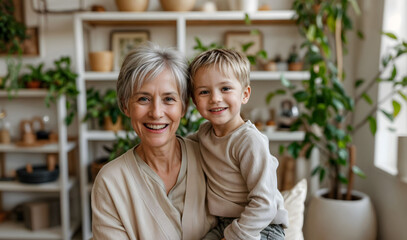 Smiling grandmother with her cheerful grandson in a bright cozy living room, symbolizing family connection, love, and multigenerational joy,for promoting caregiving, togetherness,happy home moments