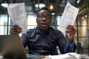 Frustrated African American businessman analyzing documents at his desk,representing office stress,multitasking,problem-solving,decision-making,corporate challenges,fast-paced environment of workplace