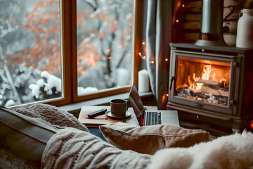 Cozy winter interior with a warm fireplace, laptop, and a cup of coffee, ideal for remote work, relaxation, or creating a peaceful and inviting atmosphere in digital content