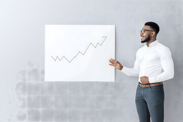 Confident businessman presenting a growth chart on a whiteboard, symbolizing success, business development, leadership, strategy, and professional communication in a modern corporate environment