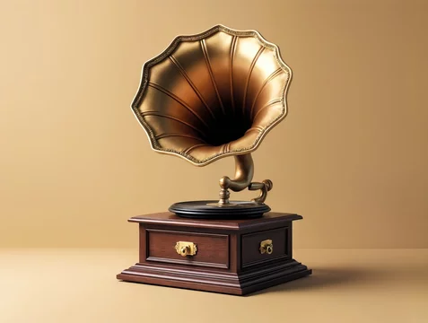 Vintage gramophone mockup with blank emblem space