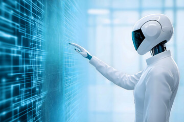 Futuristic humanoid robot interacting with a digital interface, showcasing advanced artificial intelligence, innovation,technology for concepts related to data processing, research,futuristic systems