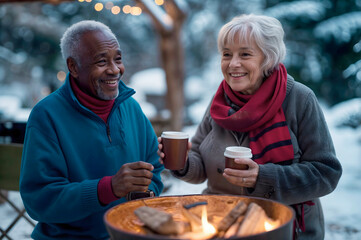 Smiling senior couple enjoying hot drinks by firepit in a snowy outdoor setting, symbolizing warmth, companionship, relaxation, winter joy, festive moments, outdoor adventure,love during cold weather