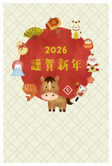 水彩風　2026年・午年のかわいい年賀状（謹賀新年・和風デザイン）