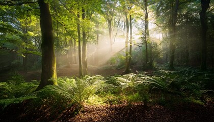 Obraz premium a serene forest scene illuminated by soft light filtering through leaves