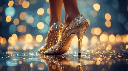 Glistening footsteps: a dance of gold and light in shimmering high heels