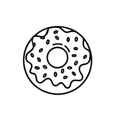 Simple black and white line art illustration of a glazed donut with sprinkles.