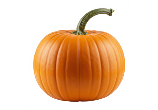 A bright orange pumpkin with a curved stem isolated on transparent background