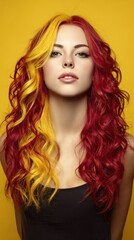 Naklejka premium Stunning Young Woman with Half Yellow Half Red Wavy Hair against Yellow Background Beautiful Hair Color Trendy Hairstyle