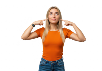 Young woman blocking ears with fingers and looking up isolated on transparent background