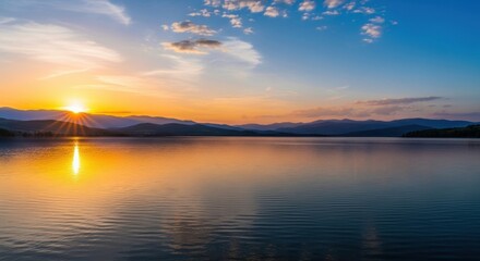 Naklejka premium Serene Lake Sunset: Golden Reflections and Distant Mountains