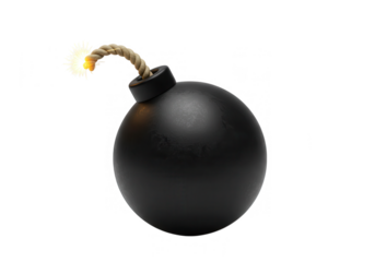 A cartoon black bomb with a lit fuse is isolated on transparent background