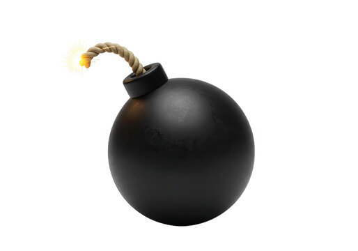 A cartoon black bomb with a lit fuse is isolated on transparent background
