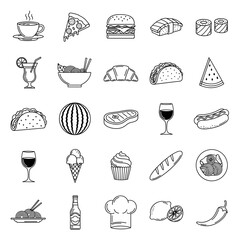 A collection of black and white line art icons depicting various food and drink items, including pizza, sushi, coffee, burgers, and desserts.