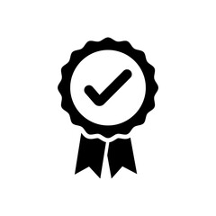 Black and white simple icon of a checked ribbon award for quality and achievement