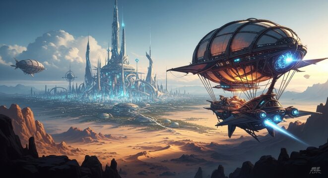 Steampunk Airship Soars Over Futuristic Cityscape in a Desert Landscape - Powered by Adobe
