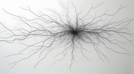 Abstract neural network sculpture made from thin black wire strands spreading outward, creating dynamic and intricate design with organic flow