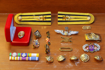 THAILAND, NOV 10 2024, Military badges and decorations of the Royal Thai Air Force on the table